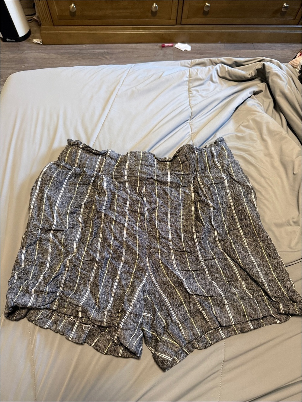 Dynamite Gray Striped High Waist Ruffle Shorts